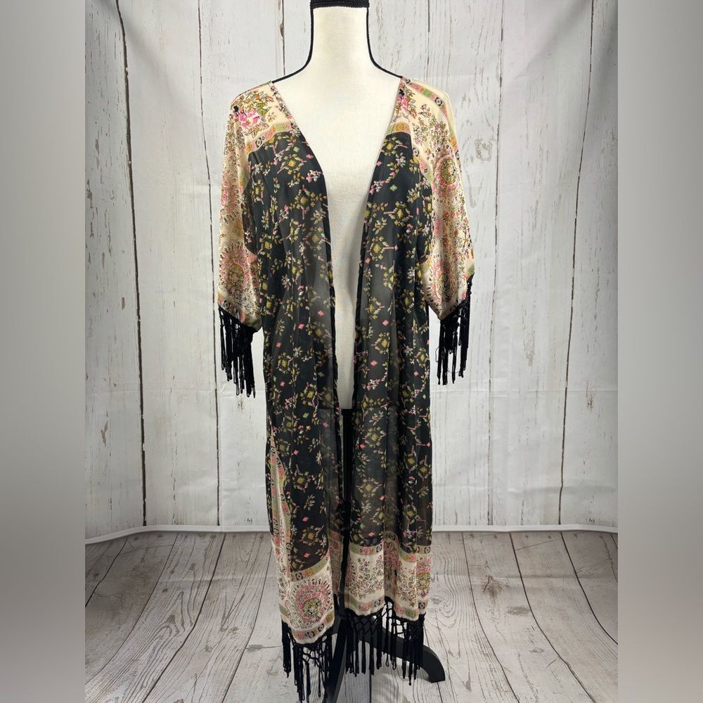 Rachel & Chloe Long Kimono Cardigan Coverup Fringed Multicolored